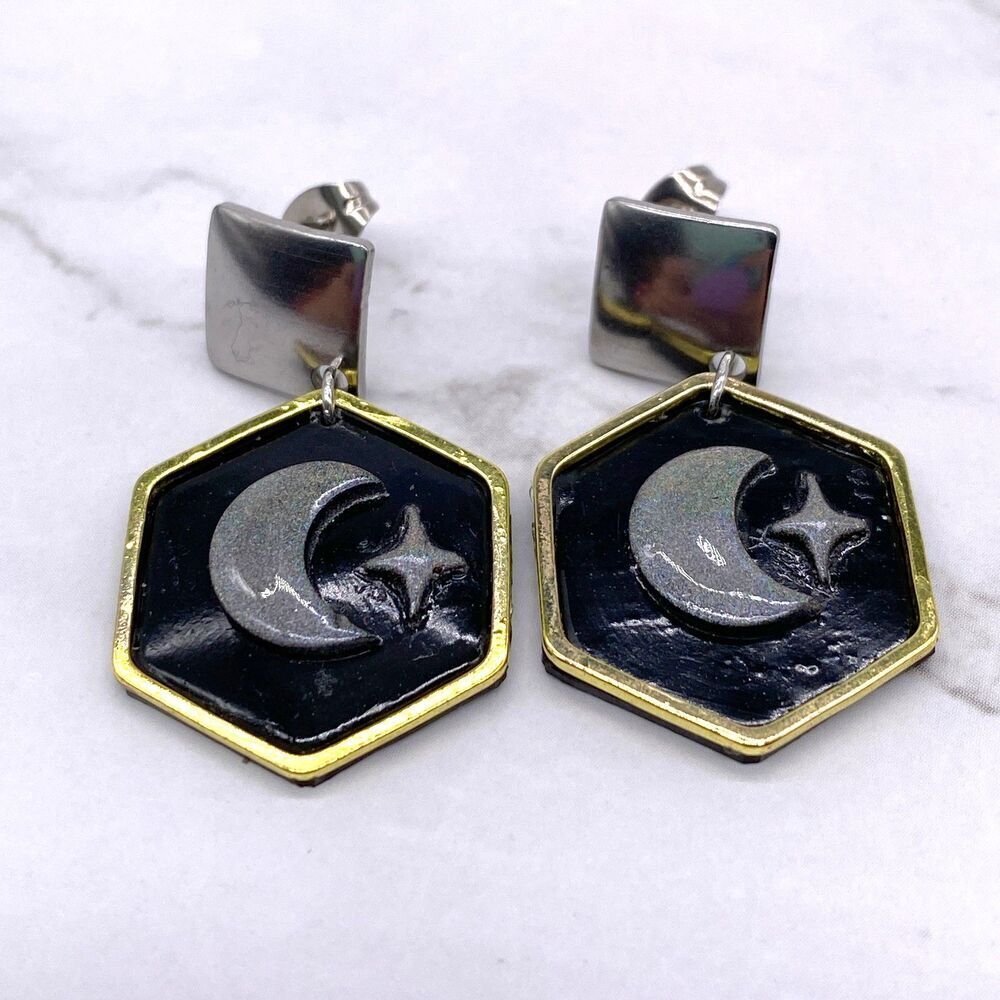 Black Holographic Celestial Crescent Moon Dangle Stud Earrings - Picture 13 of 15